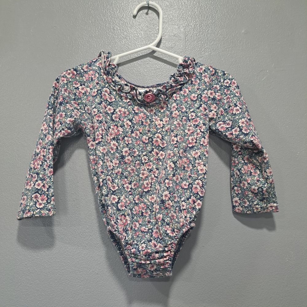 Vintage Okie Dokie Floral Long Sleeve Bodysuit Pink Blue Ruffle Rosette 2T USA
